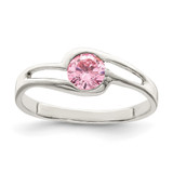 Sterling Silver Pink Round Bezel Cubic Zirconia Ring, 2 mm, 2 mm Wide, Polished