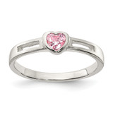 Sterling Silver Pink Cubic Zirconia Heart Ring, 2 mm, 4.7 mm Top Length, 5.3 mm Top Width