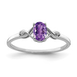 Sterling Silver Rhodium-Plated 0.01ct Diamond and Amethyst Oval Ring, 1 mm