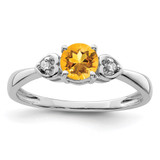 Sterling Silver Rhodium-Plated 0.021ct Diamond and Citrine Round Ring, 2 mm
