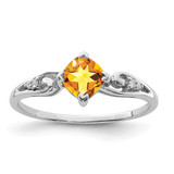 Sterling Silver Rhodium-Plated 0.02ct Diamond and Citrine Cushion Ring, 2 mm