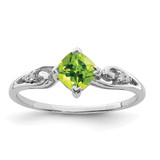 Sterling Silver Rhodium-Plated 0.02ct Diamond and Peridot Cushion Ring, 2 mm