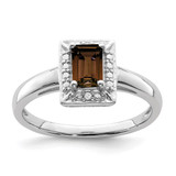 Sterling Silver Rhodium-Plated Smoky Quartz 0.01ct Diamond. Ring, 2 mm
