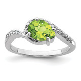 Sterling Silver Rhodium-Plated 0.05ct Diamond and Peridot Oval Ring, 2 mm