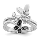White Night Sterling Silver Rhodium-Plated White and Black 0.044ct Diamond Butterfly Ring, 3 mm