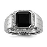 White Night Sterling Silver Rhodium-Plated 0.1ct Diamond and Black Onyx Square Men'S Ring, 14 mm