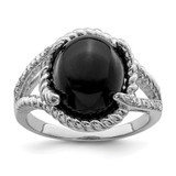 Sterling Silver Rhodium-Plated Onyx and 0.04ct Diamond Ring, 2 mm