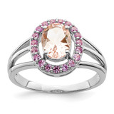Sterling Silver Rhodium-Plated Morganite & Pink Sapphire Oval Ring, 2 mm