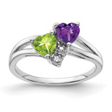 Sterling Silver Rhodium-Plated Amethyst & Peridot 0.01ct Diamond. Ring, 2 mm
