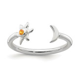 Sterling Silver Polished Half Moon and Sun Orange Cubic Zirconia Adjustable Ring, 1.5 mm
