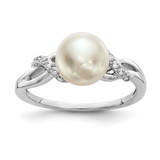 Sterling Silver Rhodium-Plated 8-9 mm White Button Cultured Freshwater Pearl and Cubic Zirconia Ring - QR6490