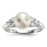 Sterling Silver Rhodium-Plated 8-9 mm White Button Cultured Freshwater Pearl and Cubic Zirconia Ring, 8.1 mm Top Length, 16 mm Top Width