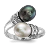 Sterling Silver Rhodium-Plated 7-8 mm Black and Grey Rice Cultured Freshwater Pearl and Cubic Zirconia Ring