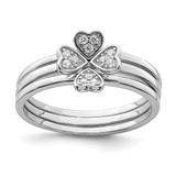 Sterling Silver Rhodium-Plated Cubic Zirconia Heart Clover 3 Ring Set, 1.28 mm