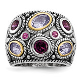 Sterling Silver Rhod with 14K Two-Tone Gold Pink Qrtz Rhodolite GA & Pink Tourmaline Ring, 10.4 mm, Domed