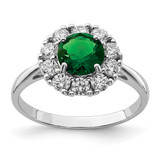 Sterling Silver Rhodium-Plated Green Glass and Cubic Zirconia Halo Ring, 2 mm