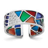 Sterling Silver Rhodium-Plated Abstract Multi-Color Enamel & Cubic Zirconia Cuff Ring, 7.47 mm