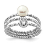 Sterling Silver Rhodium-Plated 6-7 mm White Button Cultured Freshwater Pearl Cubic Zirconia Set of 3 Ring