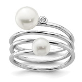 Sterling Silver Rhodium-Plated 5-7 mm White Button Cultured Freshwater Pearl and Cubic Zirconia Adjustable Ring