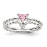Sterling Silver Pink Trillion Cubic Zirconia and White Cubic Zirconia Ring Set, 1.05 mm