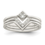 Sterling Silver Polished Square Cubic Zirconia 3 Ring Set, 1.15 mm
