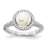 Sterling Silver Rhodium-Plated 7-8 mm Button White Cultured Freshwater Pearl and Cubic Zirconia Ring
