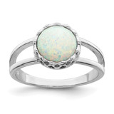 Sterling Silver Rhodium-Plated Round White Lab-Created Opal Inlay Ring