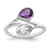 Sterling Silver Rhodium-Plated Pear Shape Amethyst & White Topaz Ring, 2 mm