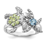Sterling Silver Rhodium-Plated Peridot and Light Swiss Blue Topaz Turtle and Starfish Ring, 2.4 mm