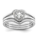 Sterling Silver Rhodium-Plated Cubic Zirconia Heart and Bands Three Ring Set, 1.2 mm
