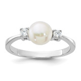 Sterling Silver Rhodium-Plated 6-7 mm White Cultured Freshwater Pearl and Cubic Zirconia Ring