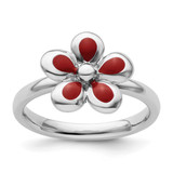Rhodium-Plated Sterling Silver Stackable Expressions Polished Red Enameled Flower Ring, 2.25 mm