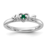 Sterling Silver Stackable Expressions Rhodium-Plated Lab-Created Emerald Heart with Arrow Ring, 2.5 mm
