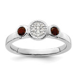 Rhodium-Plated Sterling Silver Stackable Expressions Dbl Round Garnet & 0.05ct Diamond. Ring, 2.25 mm