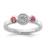 Rhodium-Plated Sterling Silver Stackable Expressions Dbl Round Pink Tourm & 0.05ct Diamond. Ring, 2.25 mm