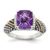 Shey Couture Sterling Silver with 14K Accent Antiqued 0.06ct Diamond and Cushion Amethyst Ring