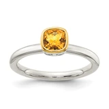 Shey Couture Sterling Silver Rhodium-Plated with 14K Accent Polished Cushion-Cut Citrine Ring, 2 mm