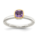 Shey Couture Sterling Silver Rhodium-Plated with 14K Accent Polished Cushion-Cut Amethyst Ring, 2 mm