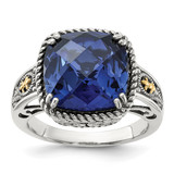 Shey Couture Sterling Silver with 14K Antiqued Lab-Created Checker Cushion Lab-Created Sapphire Ring, 2.4 mm