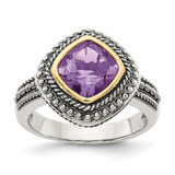 Shey Couture Sterling Silver with 14K Accent Antiqued Cushion Bezel Amethyst Ring, 4 mm