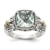 Shey Couture Sterling Silver with 14K Accent Antiqued Cushion Green Quartz Ring, 10 mm