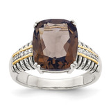 Shey Couture Sterling Silver with 14K Accent Antiqued Cushion Smoky Quartz and 0.03ct Diamond Ring, 2 mm