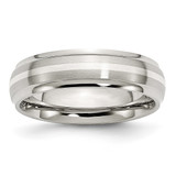 Stainless Steel Sterling Silver Inlay Ridged Edge Brushed and Polished Wedding Band, 6 mm