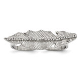 Stainless Steel Polished&Antiqued Leaf Two Finger Crystal Ring