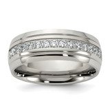Chisel Stainless Steel Polished and Grooved with Cubic Zirconia 8 mm Half Round Wedding Band