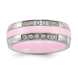 Stainless Steel Polished Pink Ceramic Cubic Zirconia Ring, 7 mm