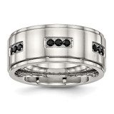 Stainless Steel Polished with Black Cubic Zirconia 9 mm Ridged Edge Wedding Band