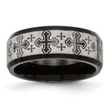 Stainless Steel Brushed/Polished Black Ion-Plated Laser Etched Crosses 8 mm Wedding Band