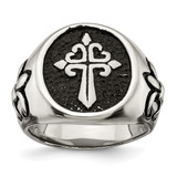 Chisel Stainless Steel Antiqued and Polished Fleur De Lis Cross Ring