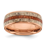 Chisel Stainless Steel Polished Rose Ion-Plated with Wood and Antler Inlay 8 mm Wedding Band, Half Round